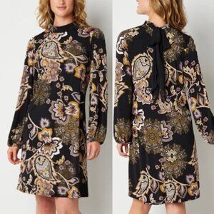 NEW Robbie Bee Size PM Medium Petite Long Sleeve Floral Swing Dress Black Bow